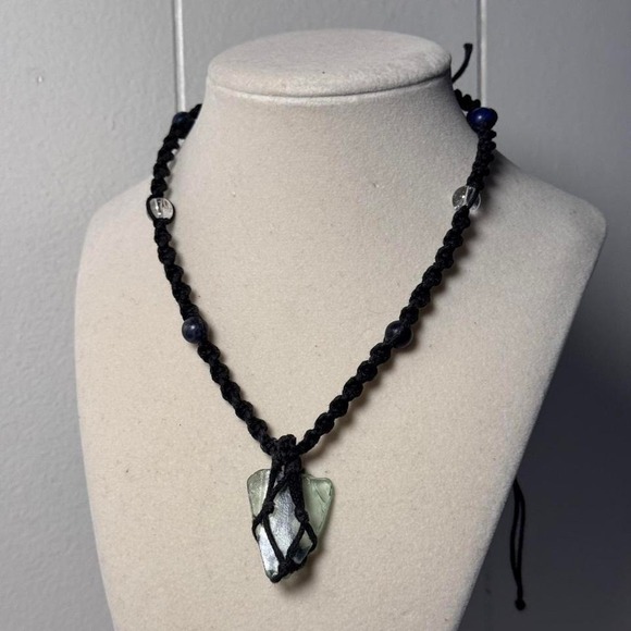 Handmade Macrame Sea Glass Necklace Black Cord Lapis Lazuli Quartz Boho Pendant - Picture 5 of 8